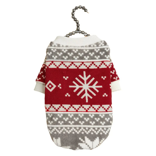 Christmas Dog Sweater - Gray Red White Fair Isle Pattern Fleece Pet Hoodie with Long Sleeves for Small Medium Large Dogs & Cats