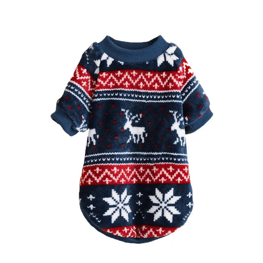 Christmas Dog Sweater - Navy Blue Reindeer Snowflake Knit Pet Hoodie for Small Medium Large Dogs & Cats