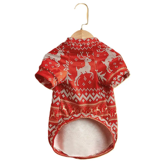 Christmas Dog Sweater - Red Reindeer Fair Isle Knit Pet Hoodie for Small Medium Large Dogs & Cats