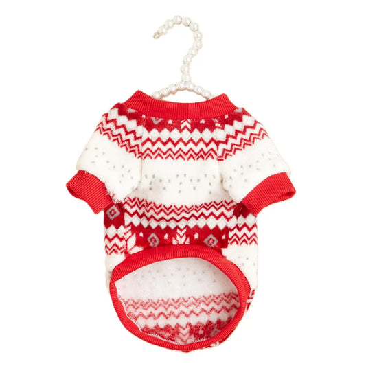 Christmas Dog Sweater - Red White Fair Isle Pattern Fleece Pet Hoodie for Small Medium Large Dogs & Cats