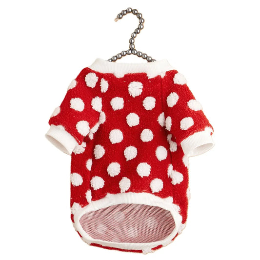 Christmas Dog Sweater - Red White Polka Dot Fleece Pet Hoodie with Breathable Mesh Belly for Small Medium Large Dogs & Cats