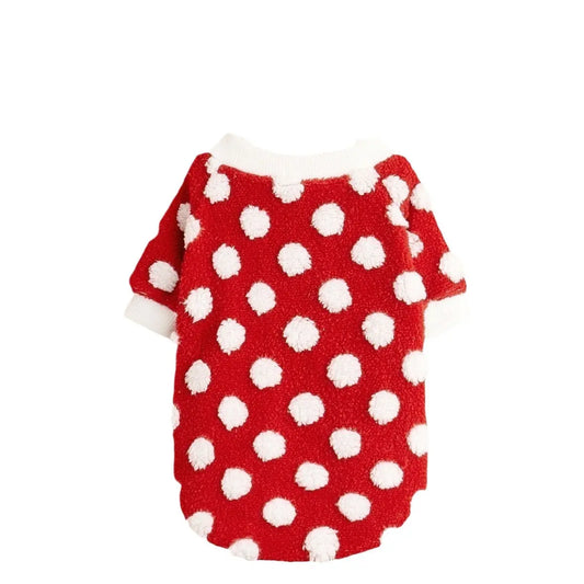 Christmas Dog Sweater - Red White Polka Dot Fleece Pet Hoodie with Breathable Mesh Belly for Small Medium Large Dogs & Cats