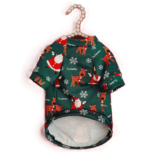 Christmas Santa and Reindeer Dog Shirt - "On Dancer" Holiday Pet Clothes with Snowflake Pattern for Small Dogs and Cats