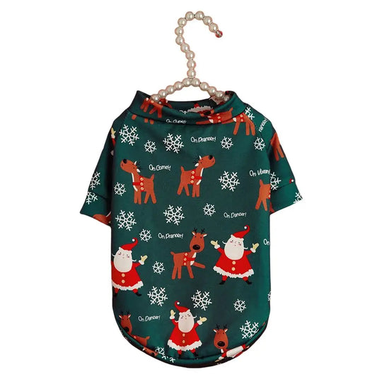 Christmas Santa and Reindeer Dog Shirt - "On Dancer" Holiday Pet Clothes with Snowflake Pattern for Small Dogs and Cats