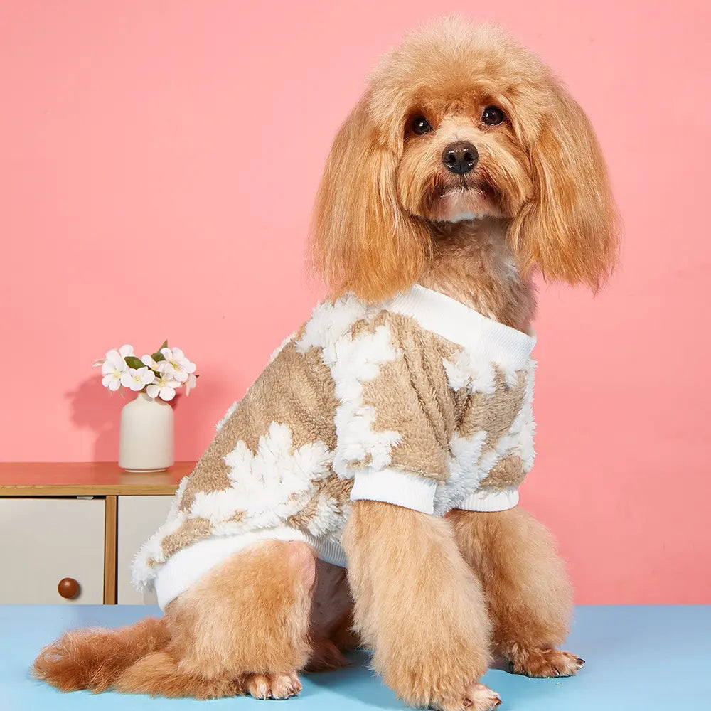 Pet Sweater - Tan White Cow Print Pattern Fleece Dog Hoodie with Breathable Mesh Belly for Small Medium Large Dogs & Cats