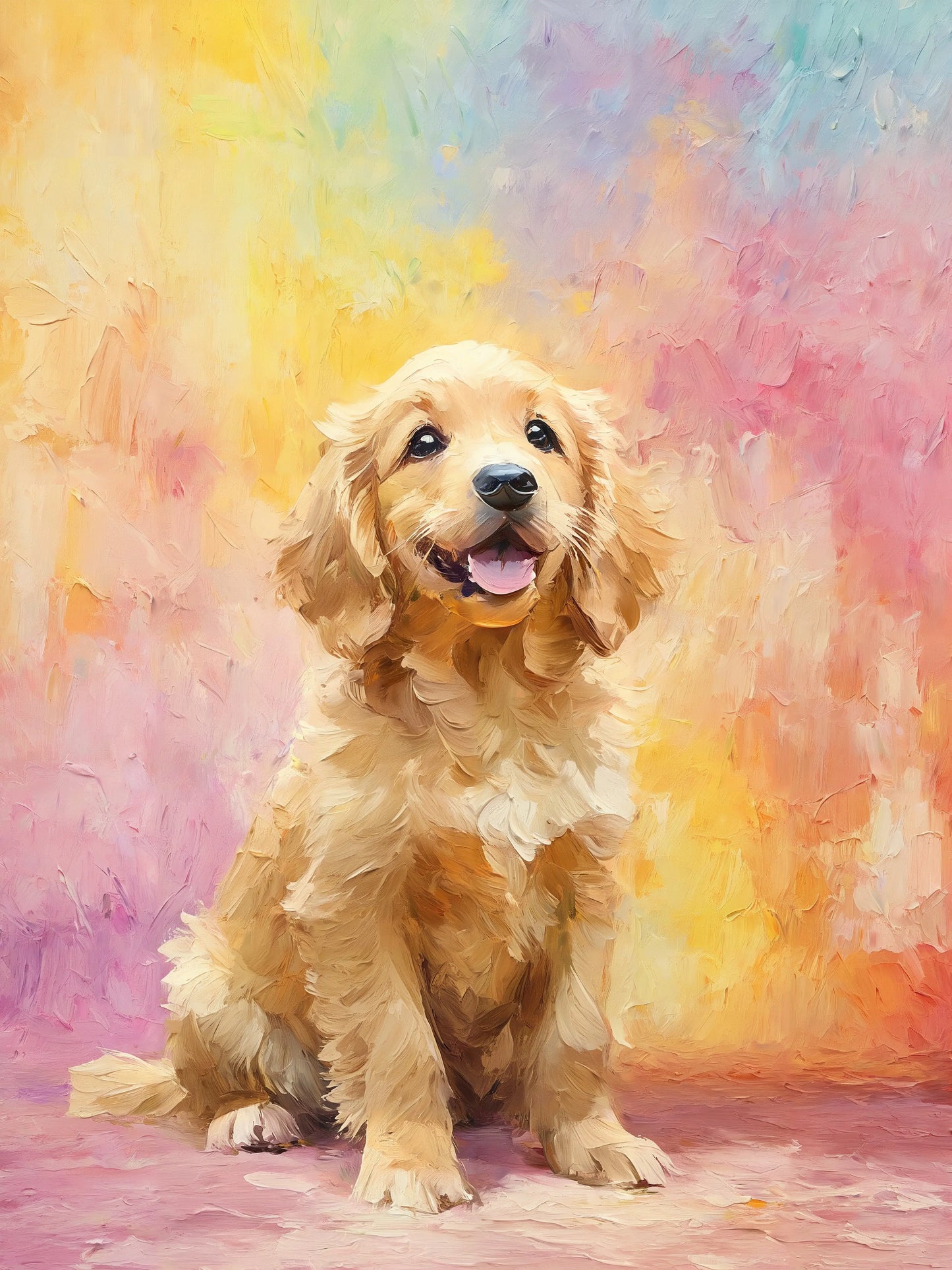 Abstract colorful oil painting style custom pet art - Golden Retriever with vibrant rainbow gradient background in yellow, pink, blue and purple - modern pet portrait by AusidaPet