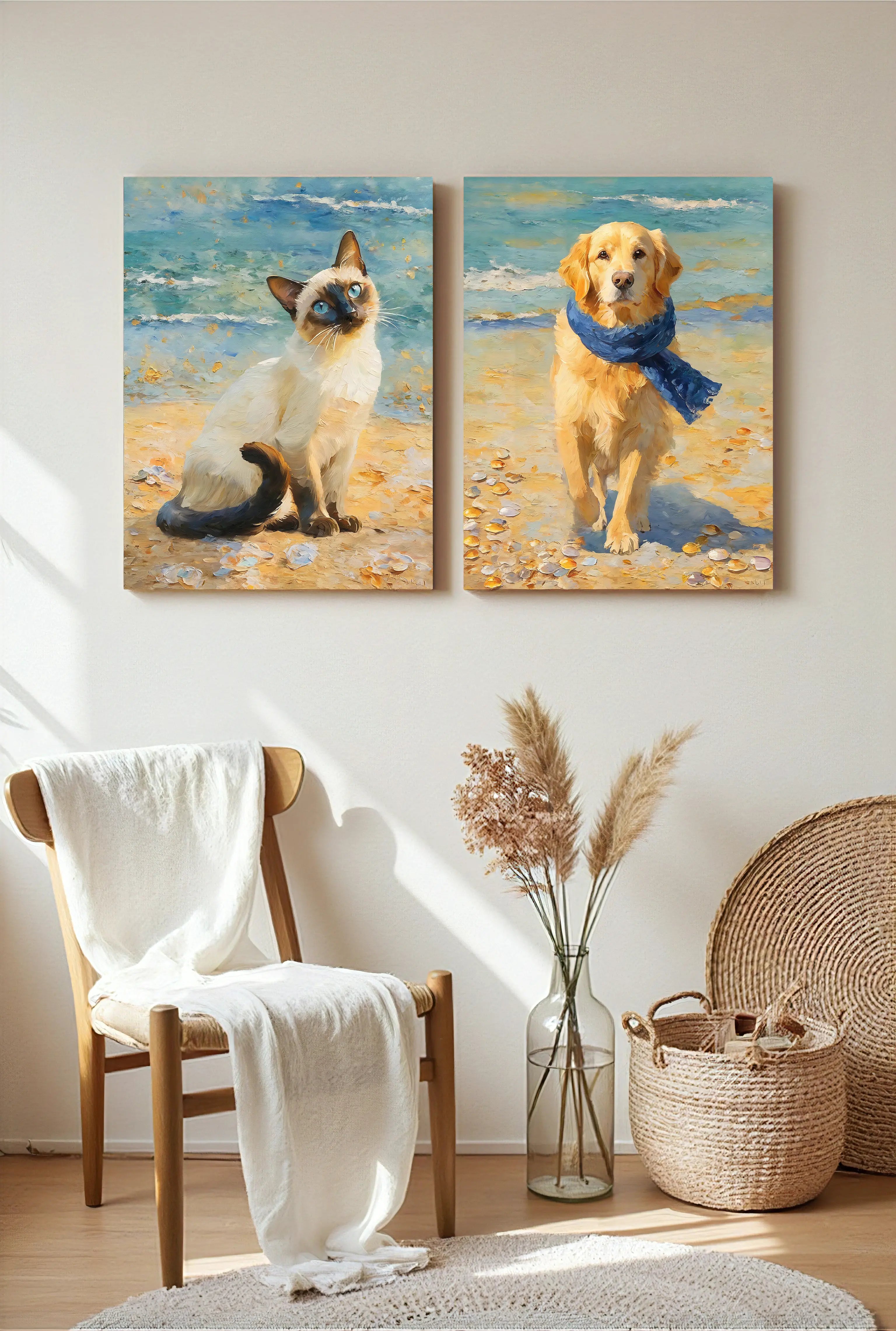 Beach Scene Pet Portraits – Cat and Golden Retriever Oil Painting Wall Art for Cozy Home Decor | AusidaPet