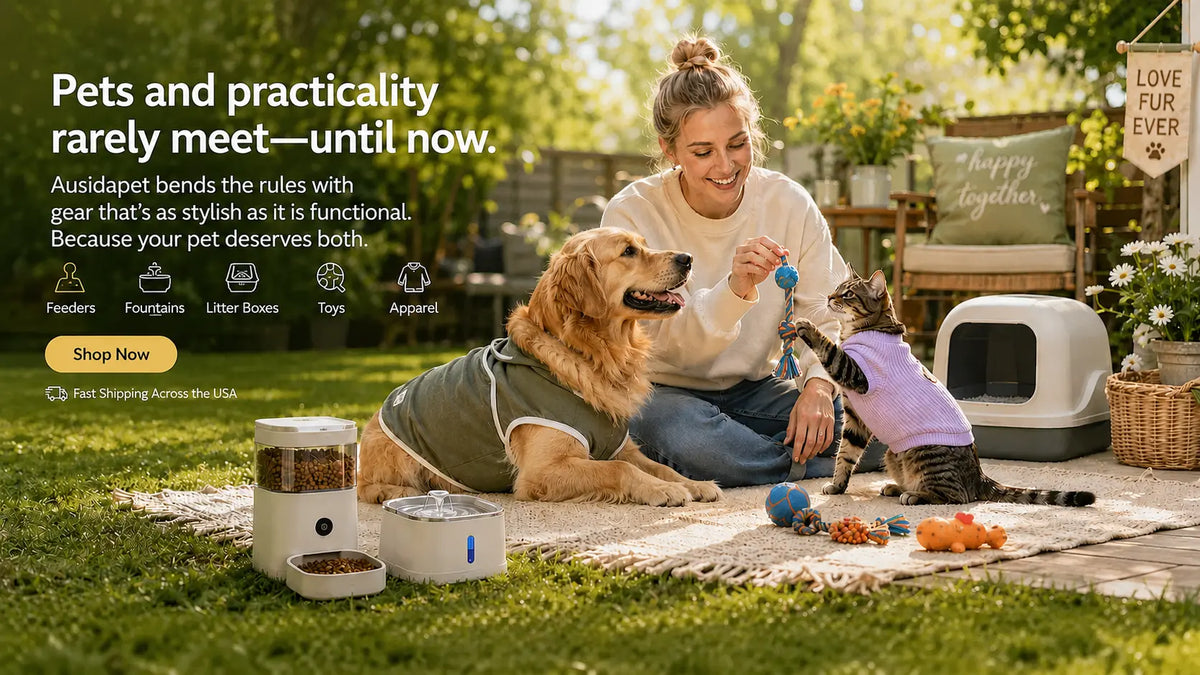 A smiling woman playing with a dog and a cat in a sunny backyard, surrounded by pet supplies including feeders, water fountains, toys, litter box and pet apparel, representing a modern pet lifestyle brand for US customers.