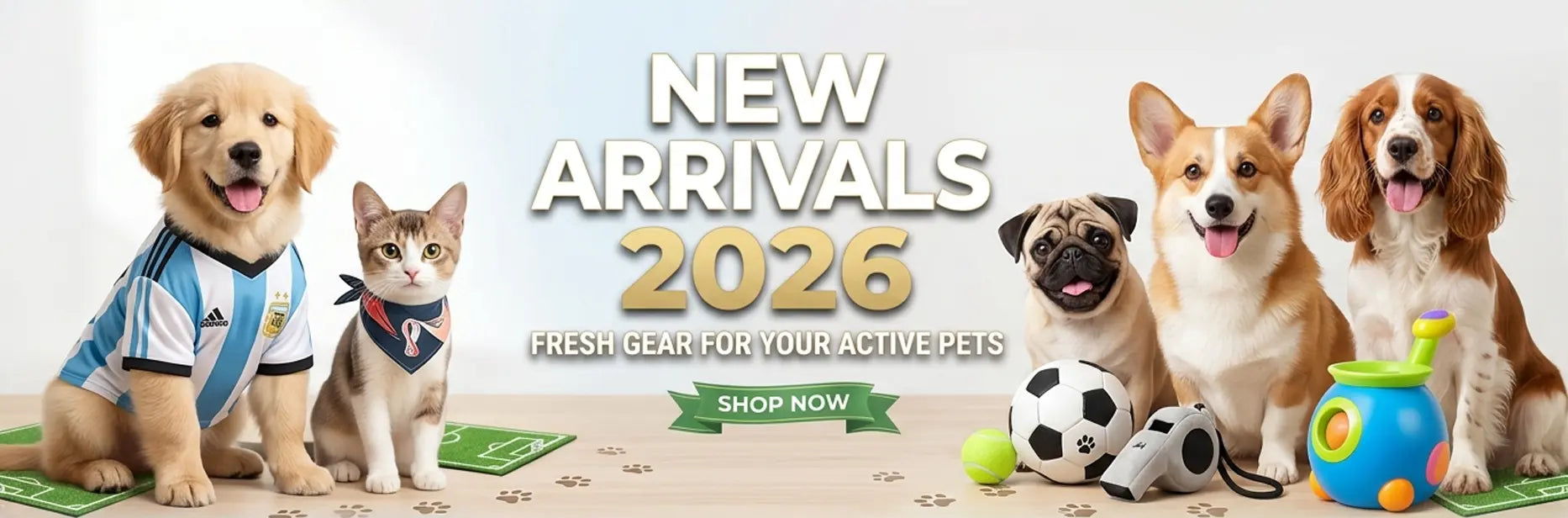 Ausidapet New Arrivals 2026 collection banner featuring dogs and a cat with soccer-themed pet toys, jerseys, and sports gear for your active pets.