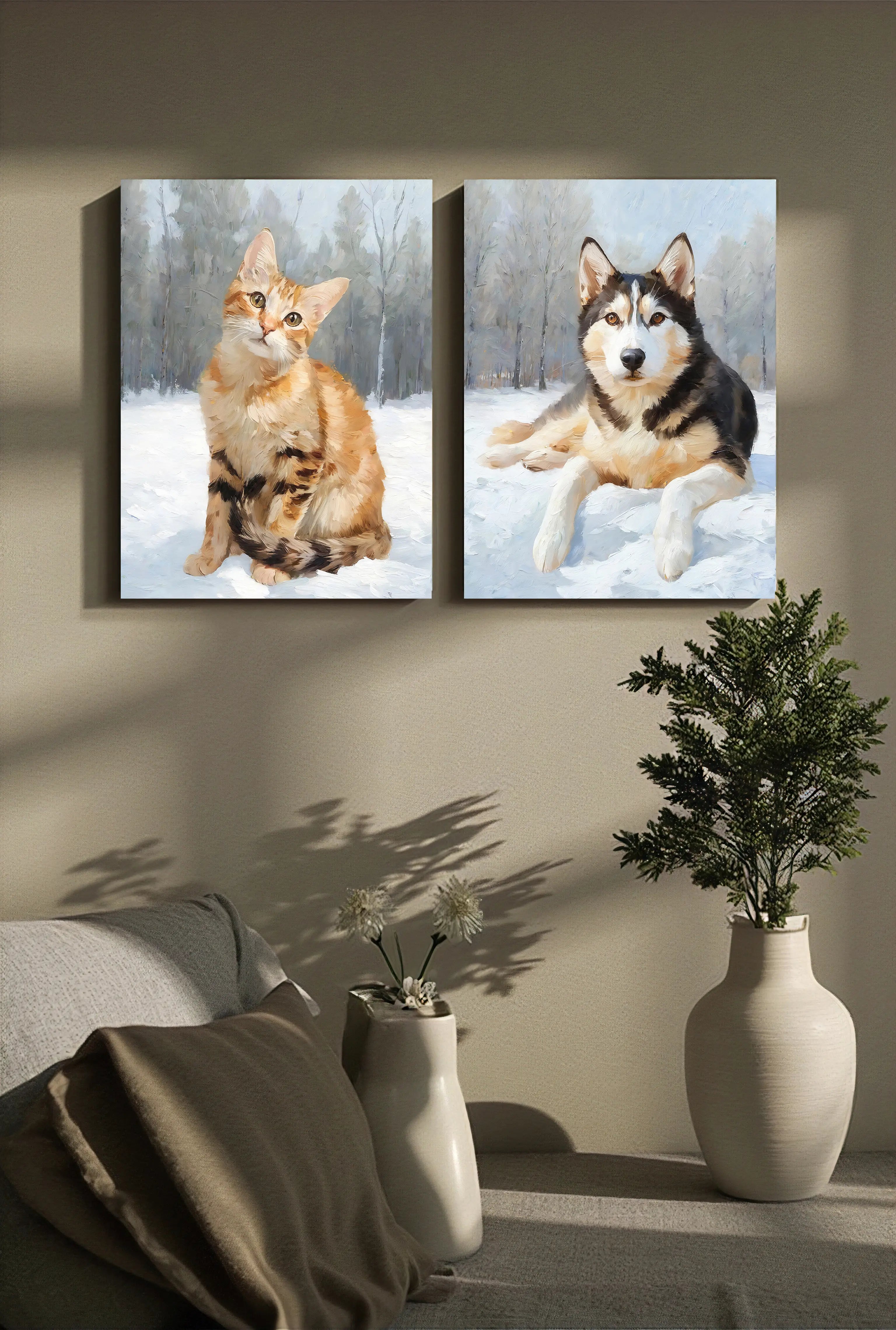 Snow Scene Cat and Husky Pet Portraits – Winter-Themed Oil Painting Wall Art | AusidaPet
