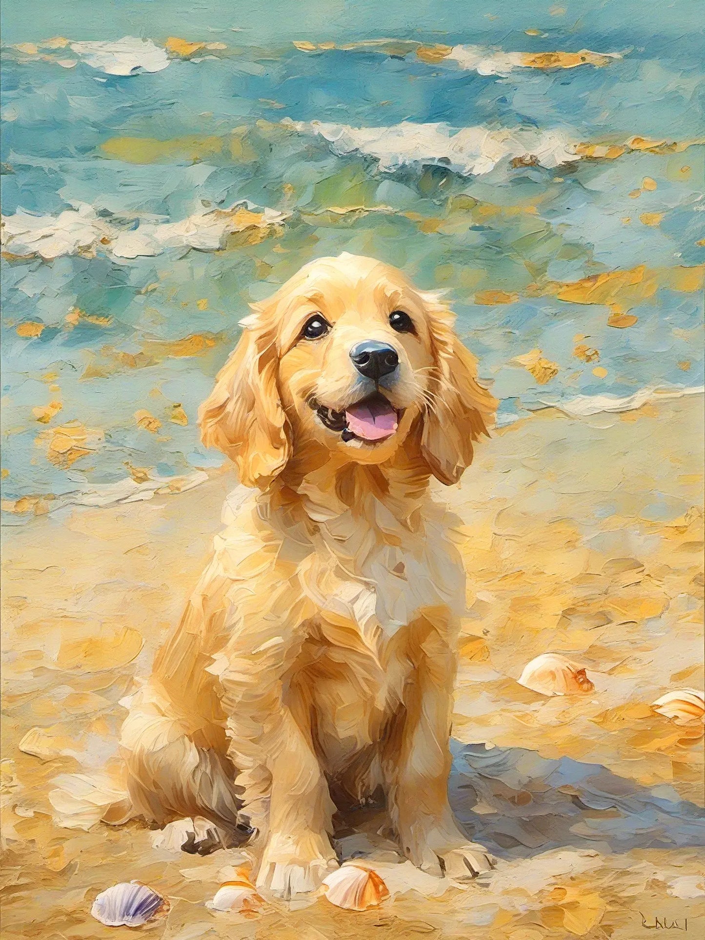 Beach ocean waves style custom dog painting - Golden Retriever on sandy shore with turquoise waves and seashells - coastal pet portrait by AusidaPet