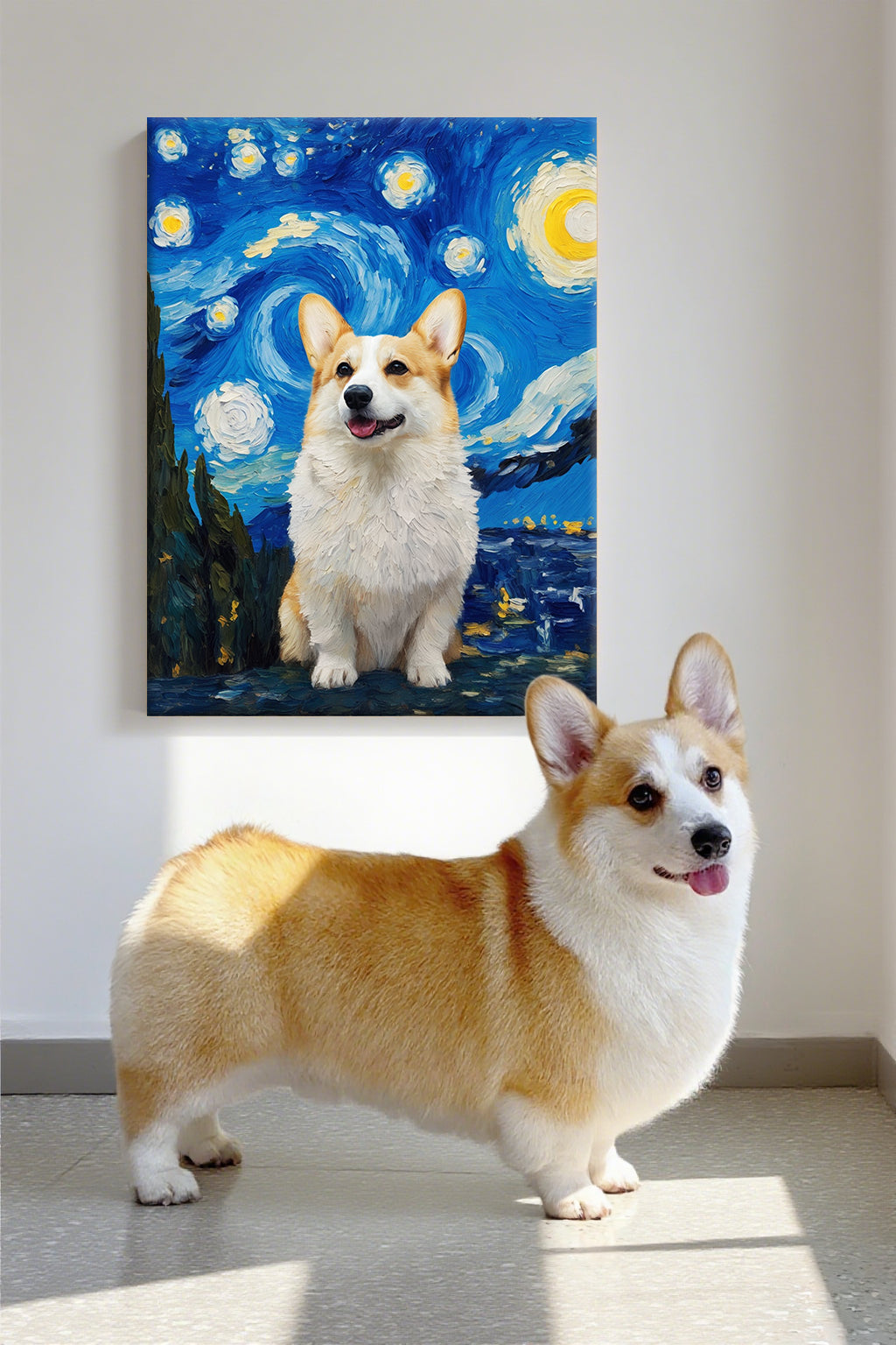 Custom Corgi oil painting in Van Gogh Starry Night style - Welsh Pembroke Corgi with iconic post-impressionist background - personalized pet art comparison by AusidaPet