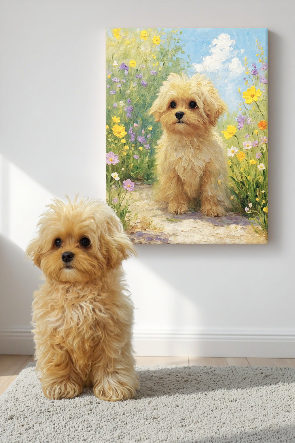 Custom pet oil painting before and after - apricot Poodle puppy with wildflower field style portrait on wall - photo to canvas transformation by AusidaPet