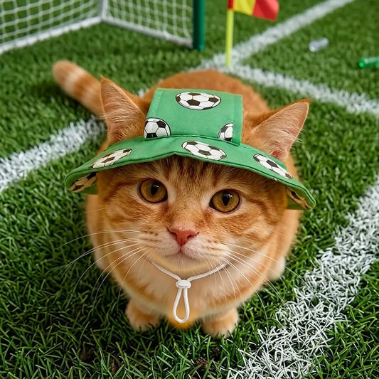 Close up of a cute cat wearing a green football pattern pet hat, ideal for pet photos and costumes