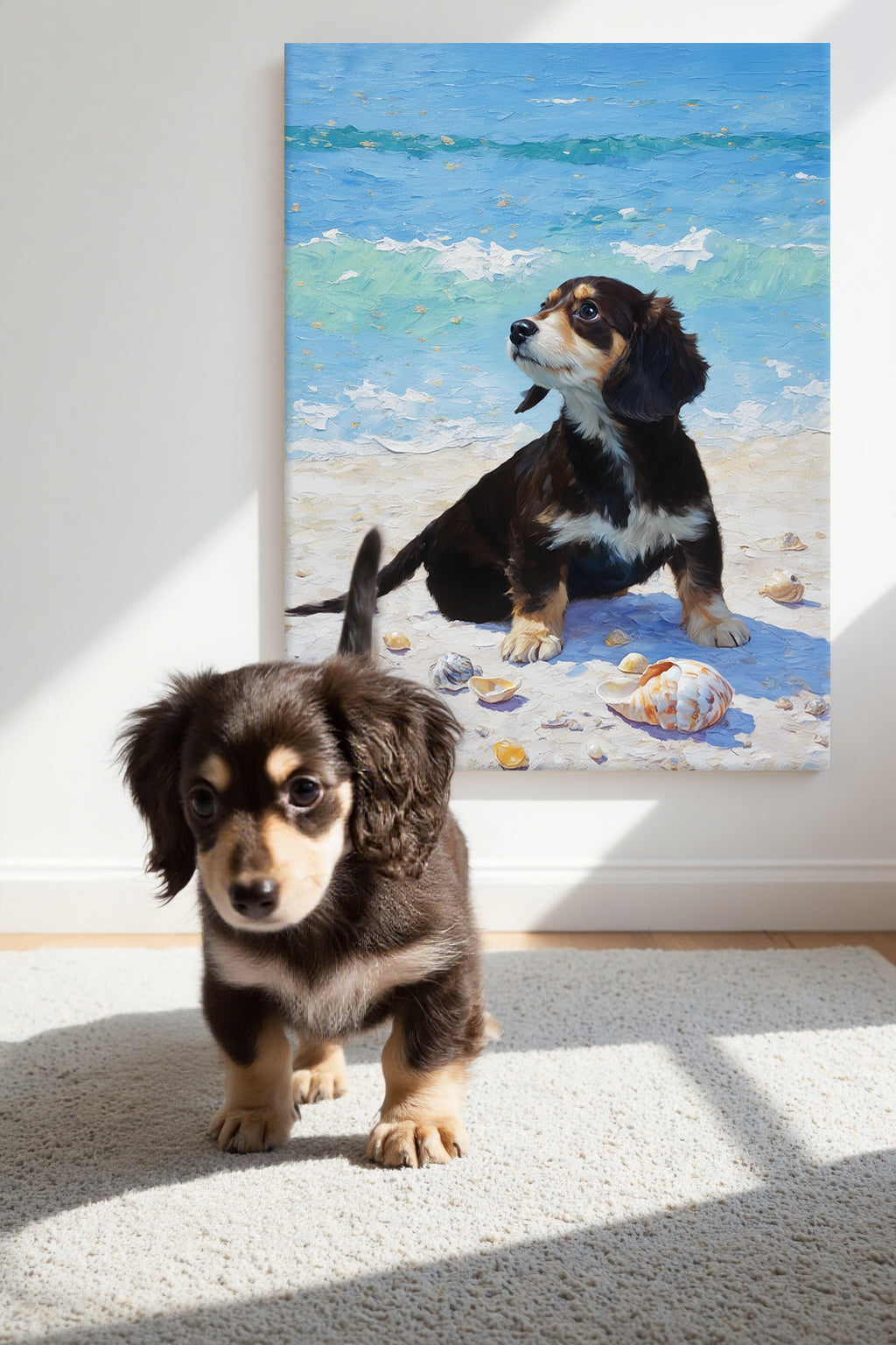 Custom Dachshund oil painting with beach scene - black and tan puppy portrait comparison showing real pet and impressionist seaside artwork - personalized canvas by AusidaPet