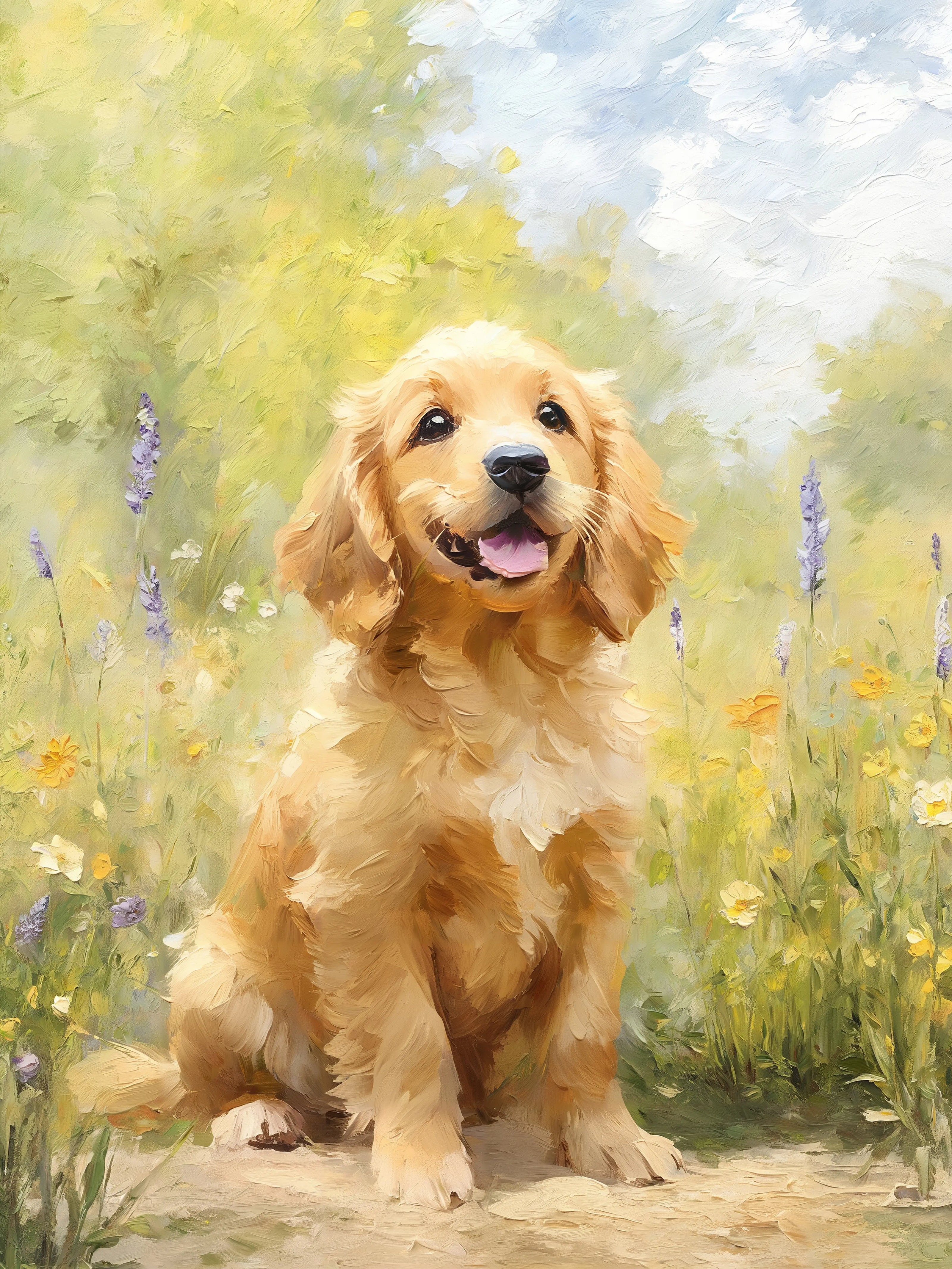 Flower field meadow style custom pet oil painting - Golden Retriever in blooming wildflower garden with lavender and daisies - impressionist pet portrait by AusidaPet