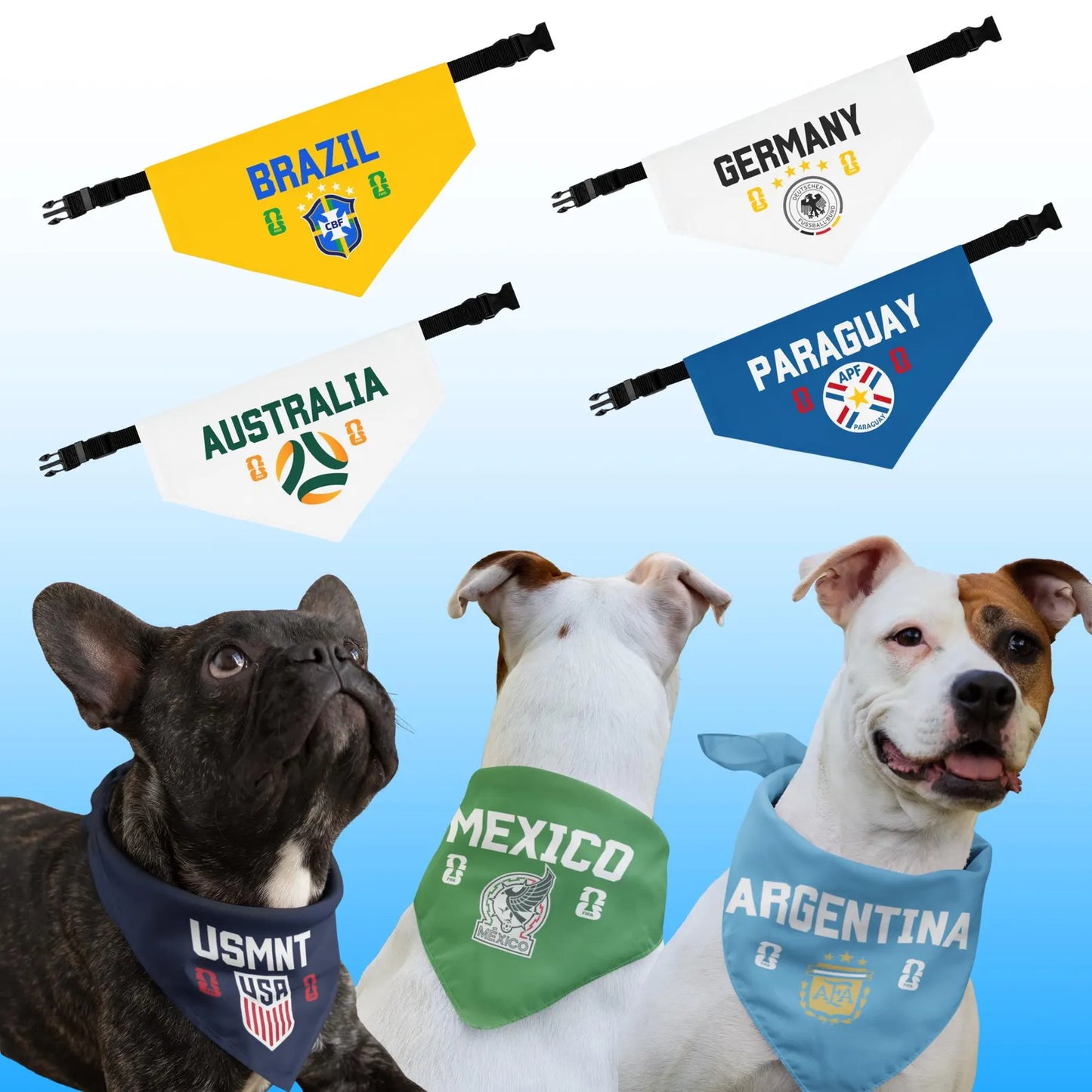 Football themed pet bandanas for dogs with Brazil, Germany, Australia and Paraguay team styles, adjustable and comfortable