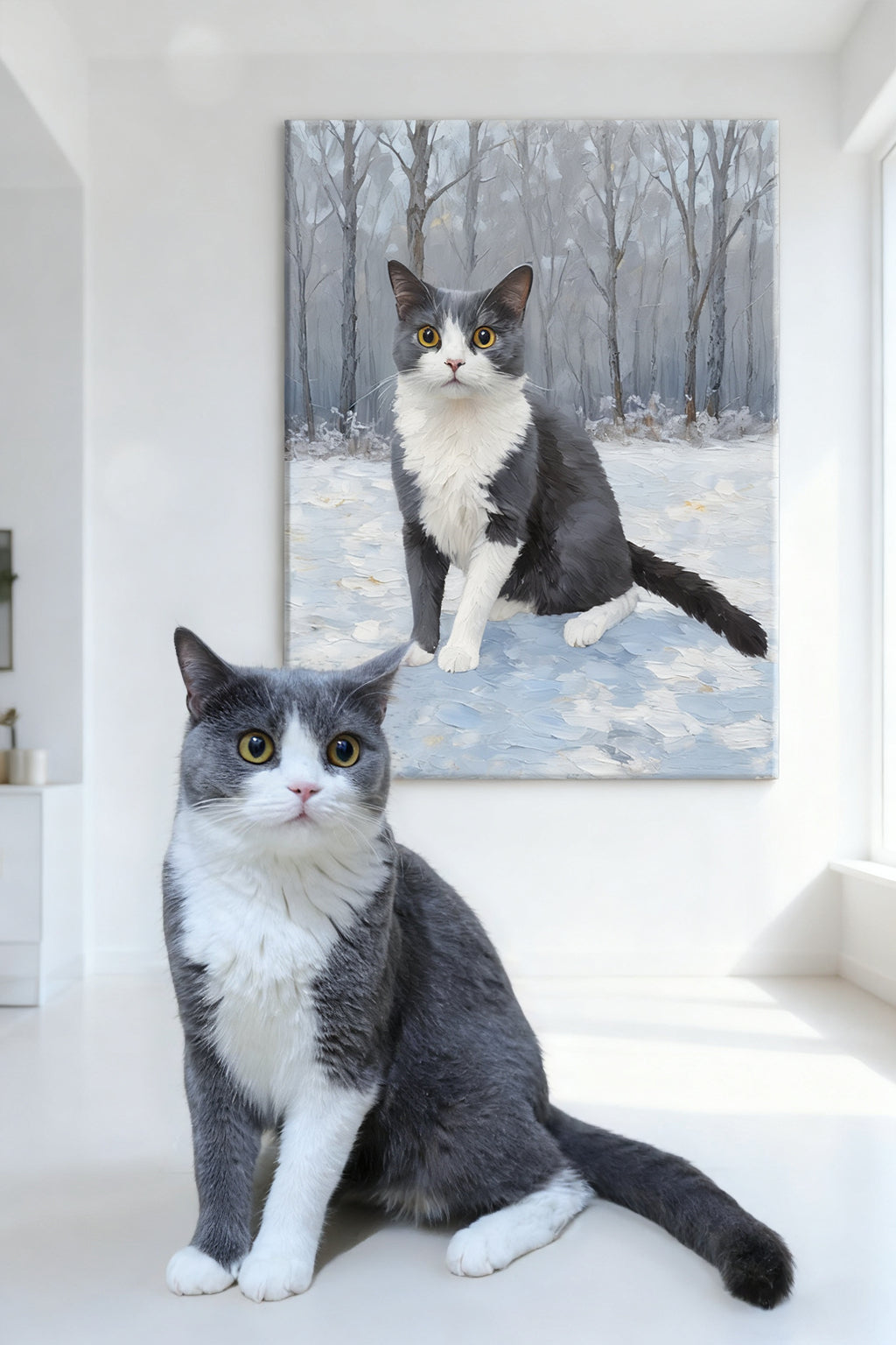 Custom cat oil painting in winter snow scene - gray and white tuxedo cat portrait with snowy forest background - seasonal pet art by AusidaPet