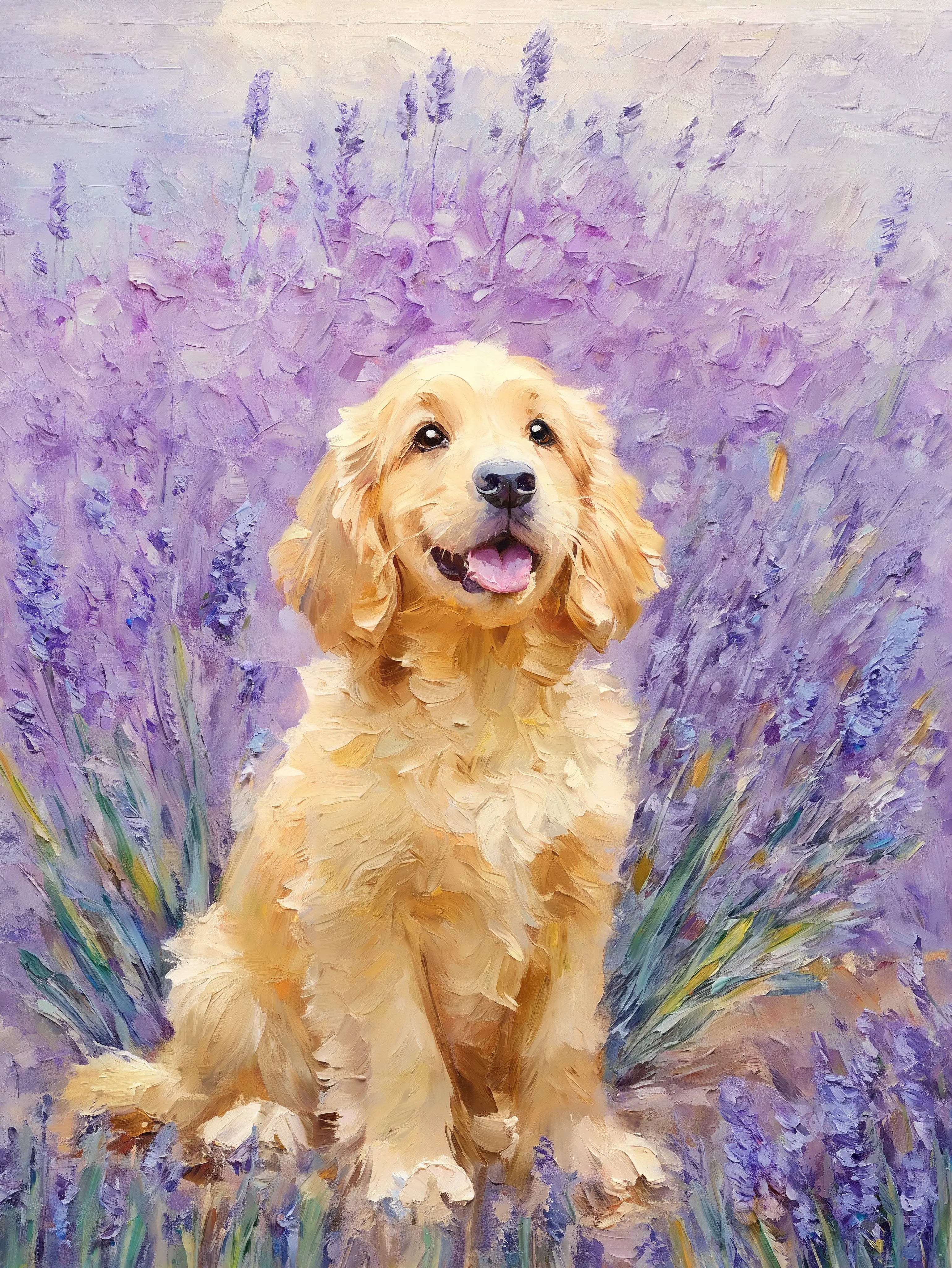 Lavender field Provence style custom dog portrait - Golden Retriever in purple lavender meadow with romantic dreamy atmosphere - impressionist pet painting by AusidaPet