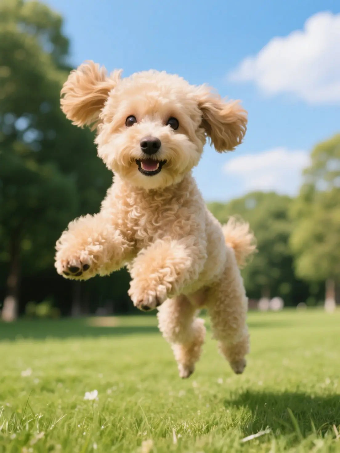 Toy Poodle jumping action photo with joyful expression - dynamic pet photo example perfect for custom oil painting by AusidaPet