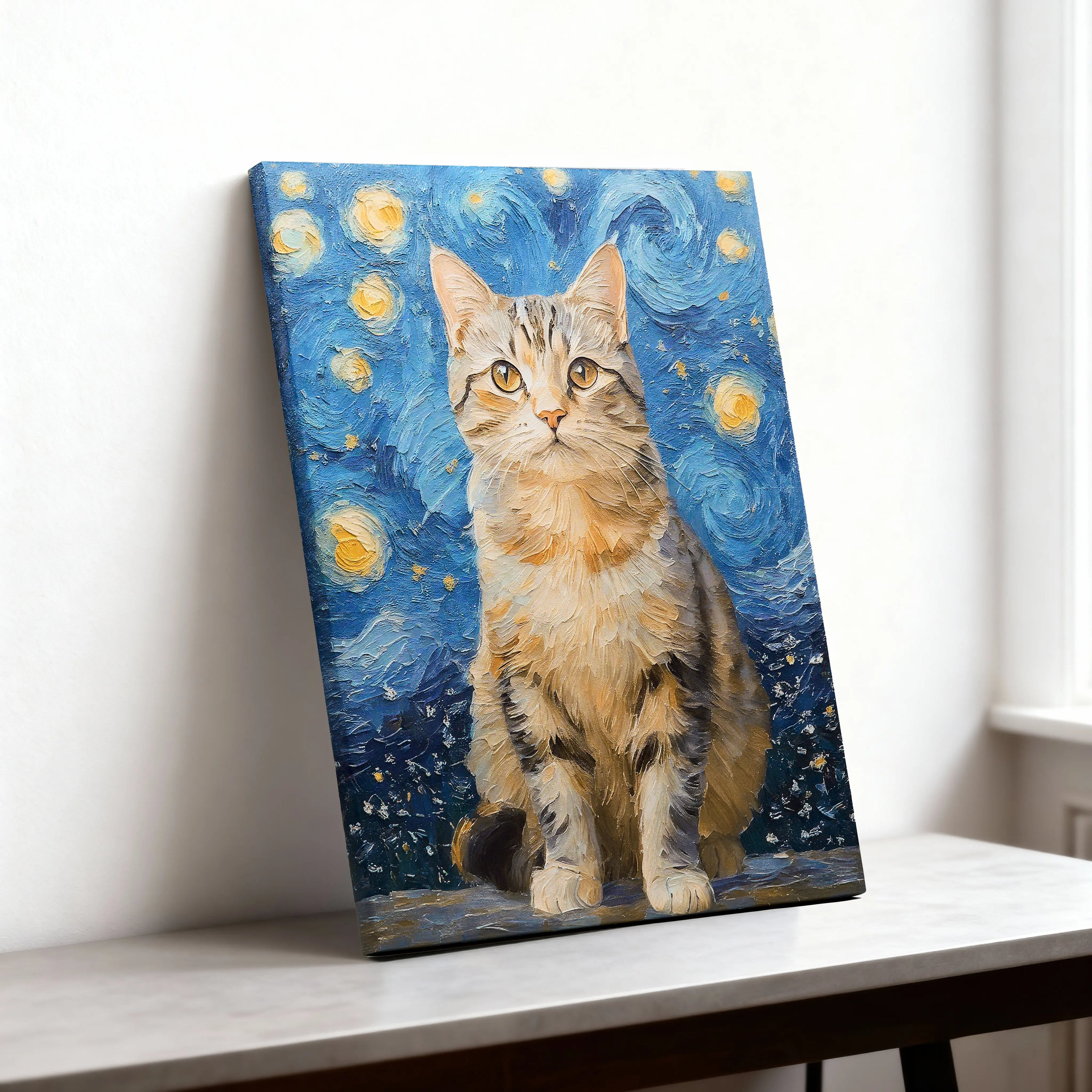 Real-life custom cat oil painting display in Van Gogh Starry Night style - orange tabby cat portrait on canvas in modern home setting - personalized pet wall art by AusidaPet