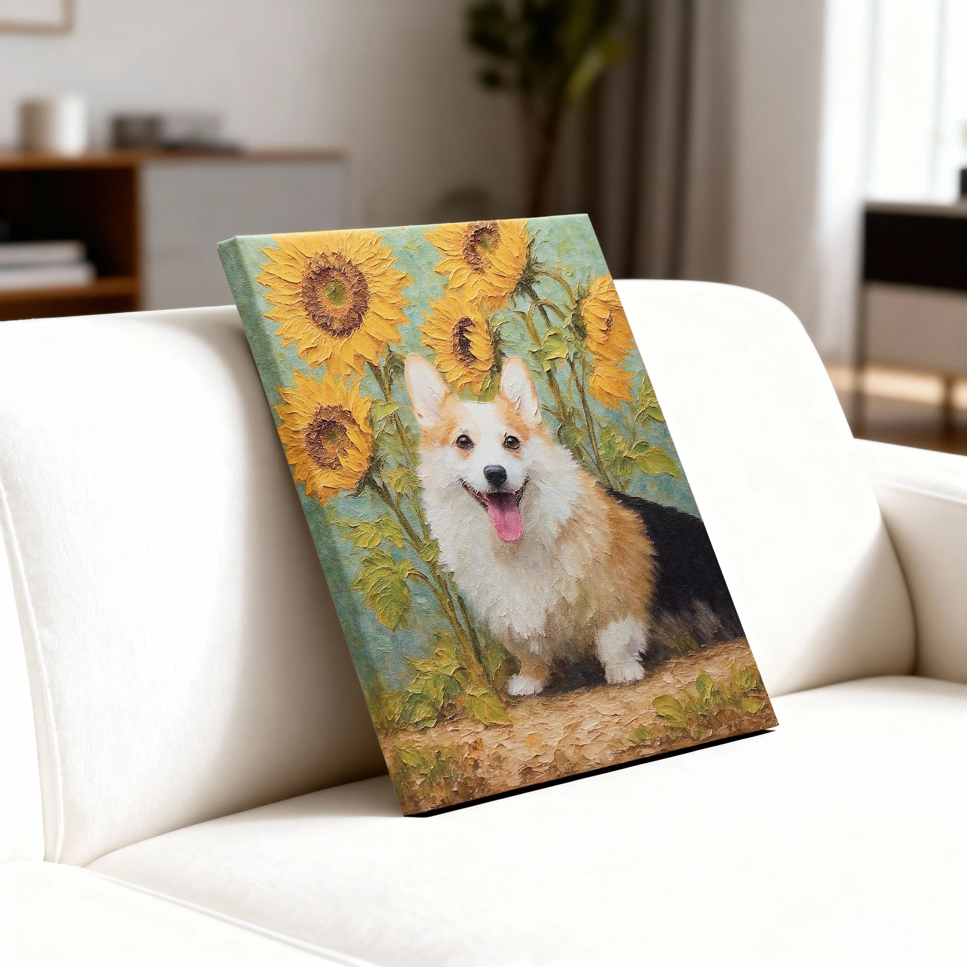 Real-life custom Corgi oil painting display with sunflower field background - Welsh Corgi portrait on white sofa in living room setting - home wall art by AusidaPet