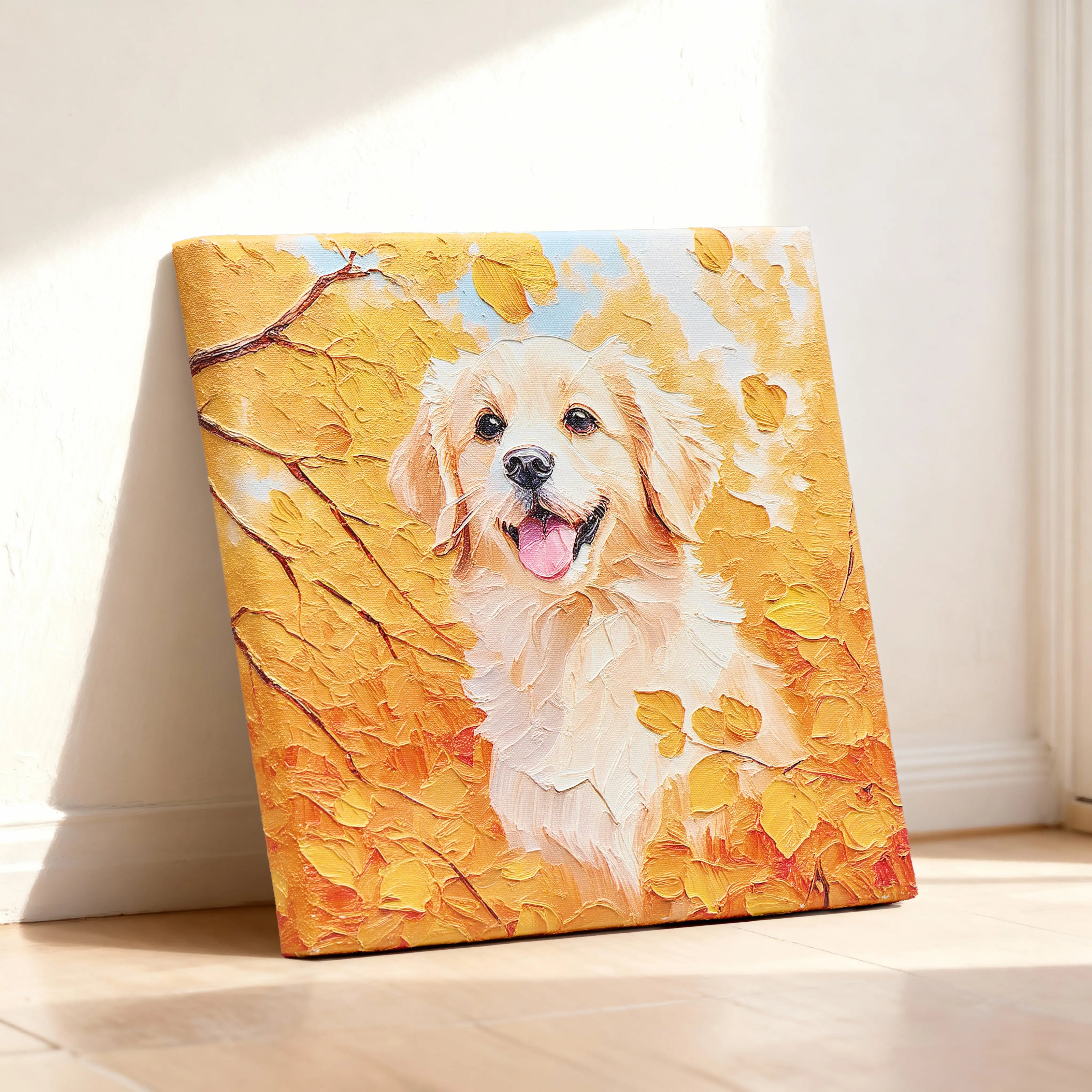 Real-life custom dog oil painting display with autumn golden leaves - Golden Retriever portrait in fall foliage style on canvas - natural home decor by AusidaPet