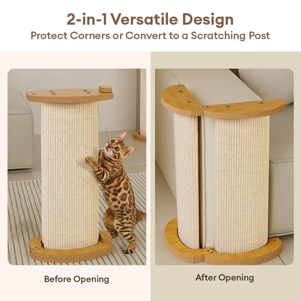 2-in-1 versatile sisal cat scratch post shown before and after opening – converts from standalone post to corner sofa protector