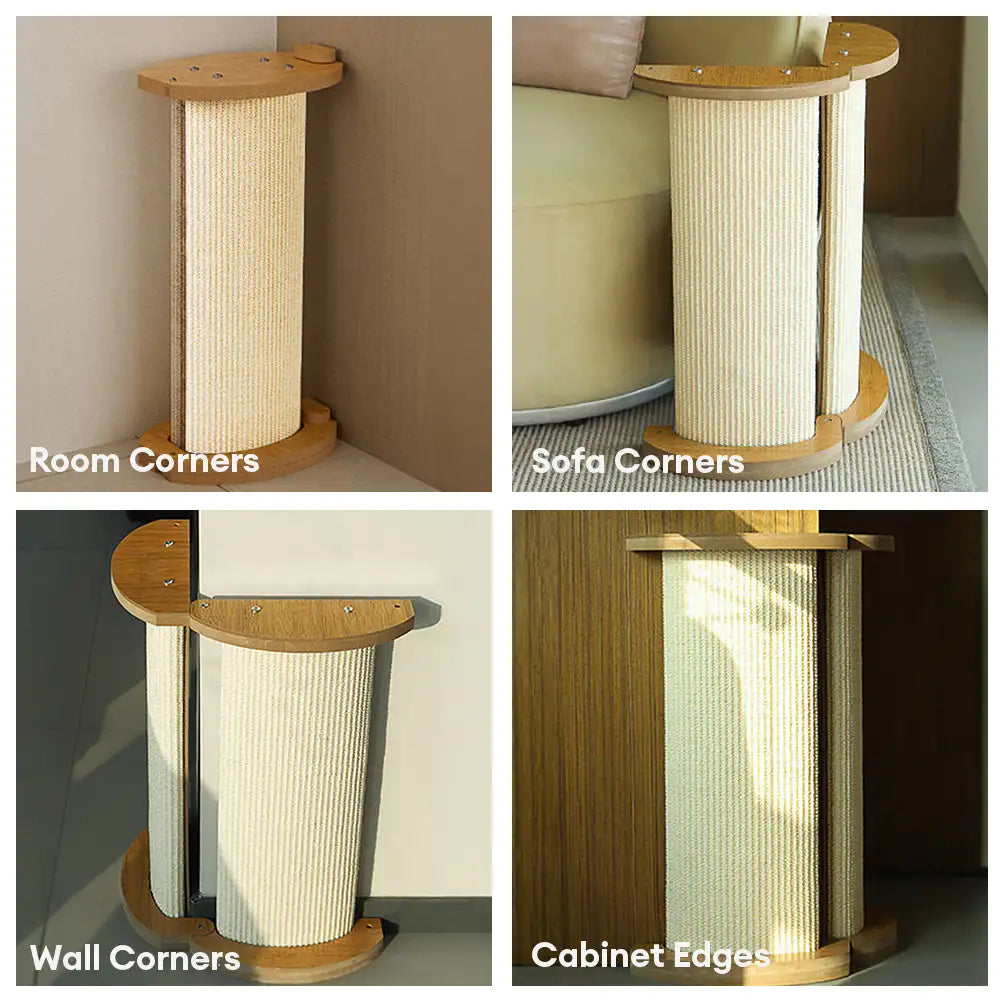 Multifunctional sisal cat scratch post shown in 4 placements: room corner, sofa corner, wall corner, and cabinet edge
