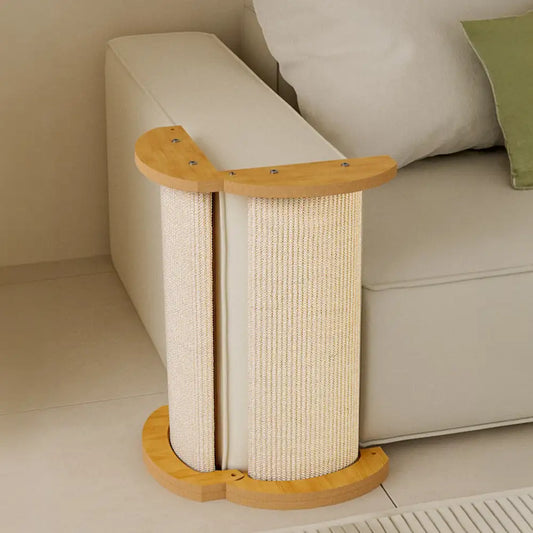 2-in-1 sisal cat scratch post installed at sofa corner to protect furniture from scratching
