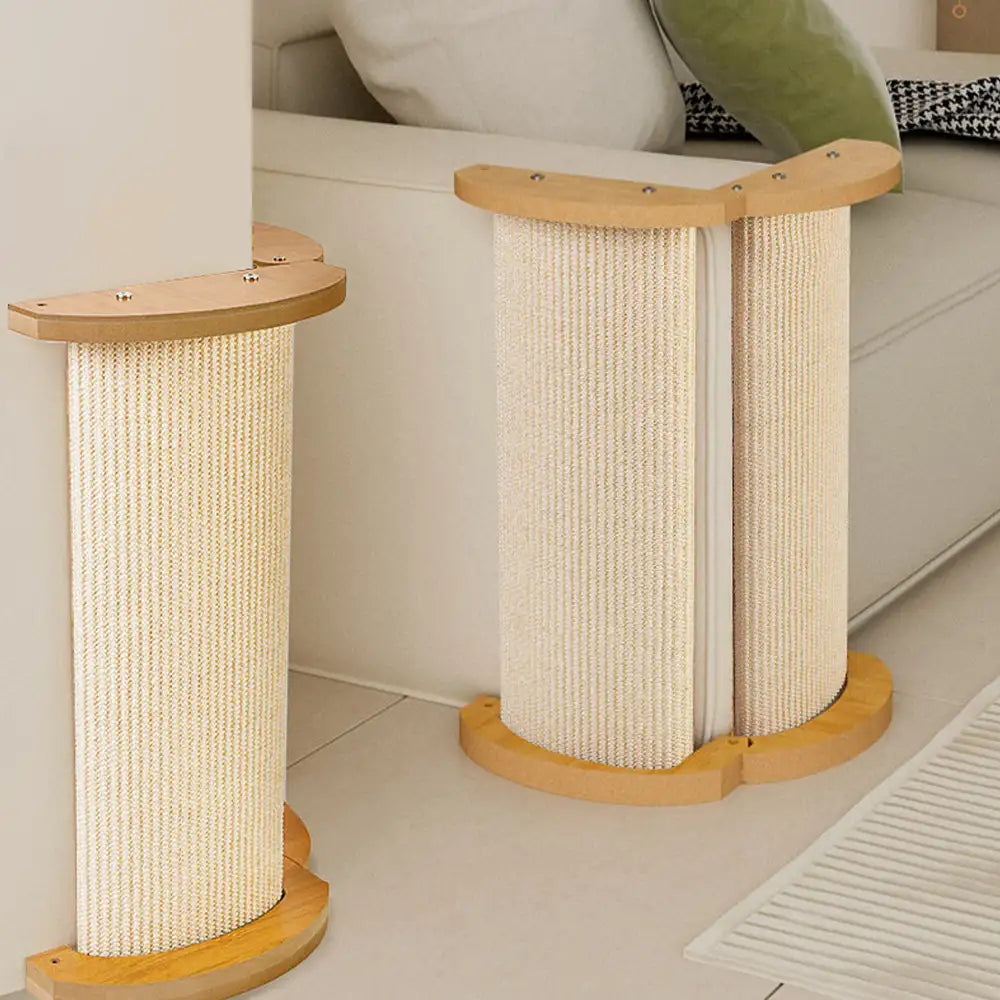 Two sisal cat scratch posts placed at sofa corners in living room – half-open and closed configurations