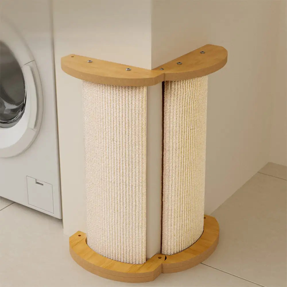 Sisal cat scratch post fully opened and fitted snugly around wall corner – corner protection close-up view