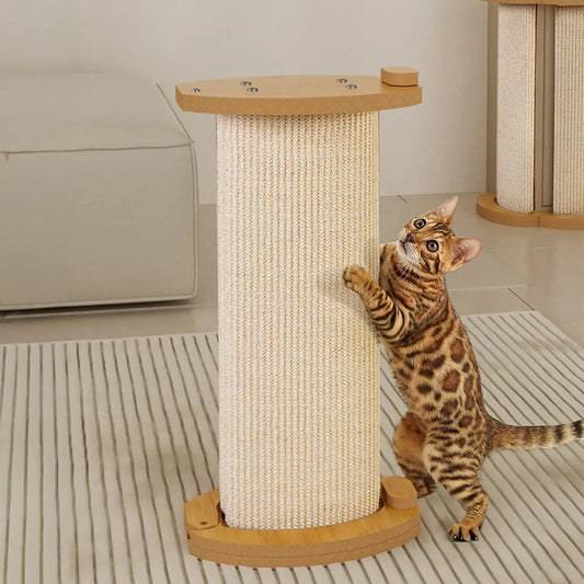 Bengal cat scratching natural sisal post in standalone mode on living room floor