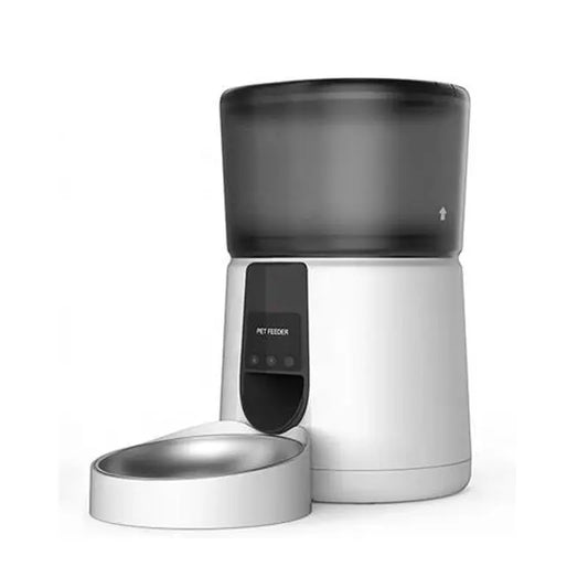 White smart automatic pet feeder with transparent food storage container and stainless steel feeding bowl for cats and dogs.