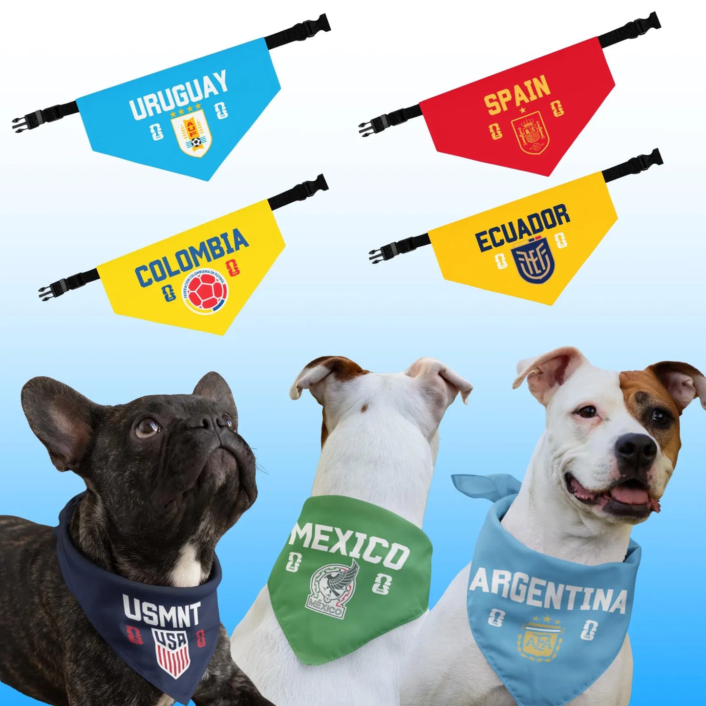 Soccer team pet bandanas for dogs featuring Uruguay, Spain, Colombia and Ecuador designs with adjustable neck strap