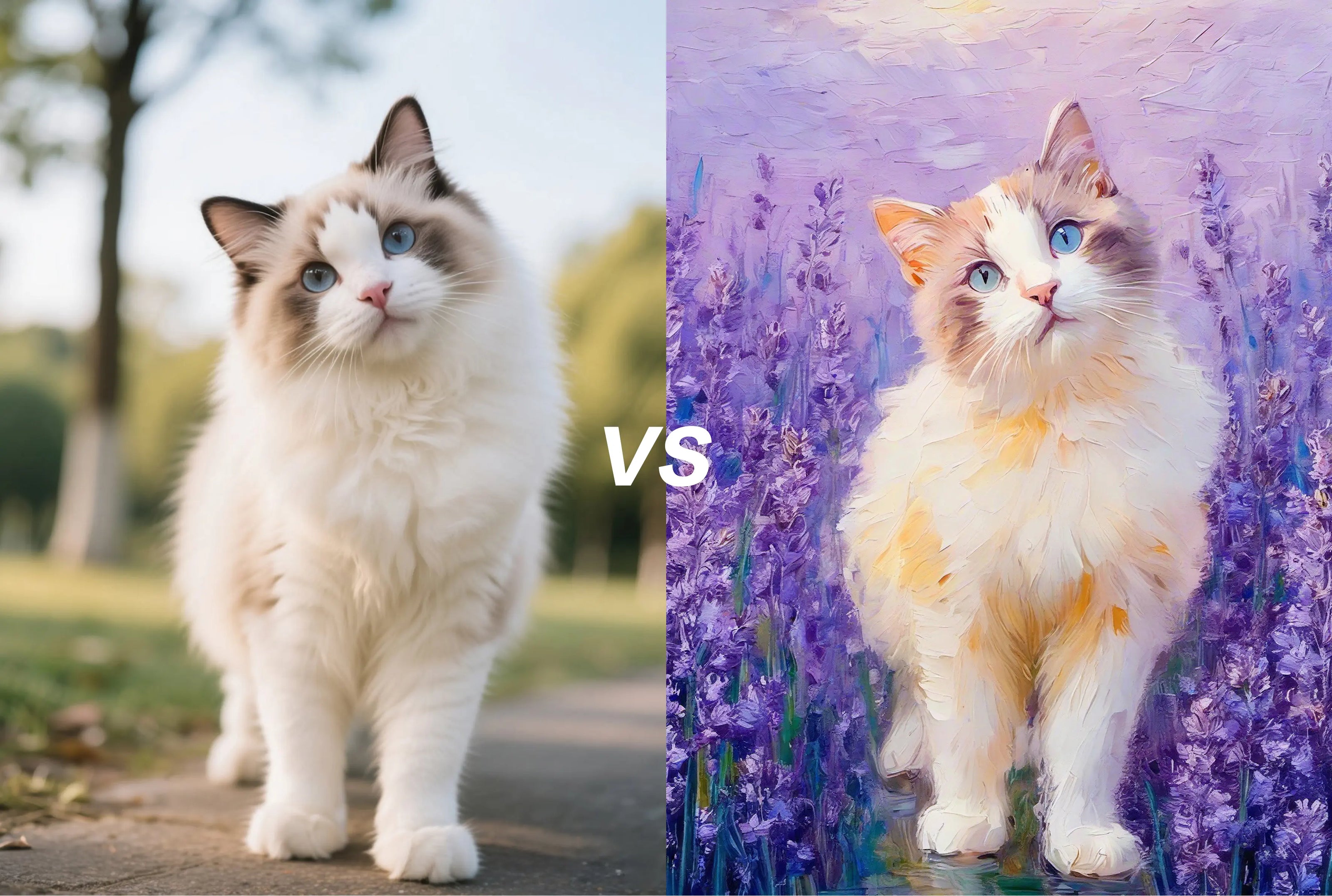 Custom cat oil painting from photo - blue-eyed white cat portrait in lavender field style - personalized pet art canvas by AusidaPet