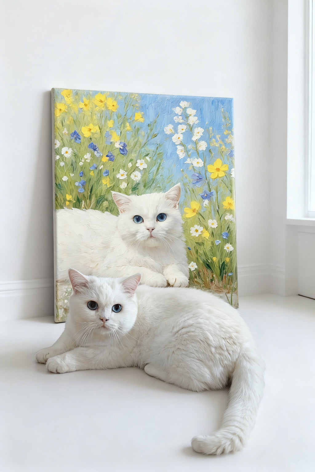 Custom white cat oil painting with wildflower field - blue-eyed cat portrait displayed on windowsill - spring garden style personalized pet art by AusidaPet