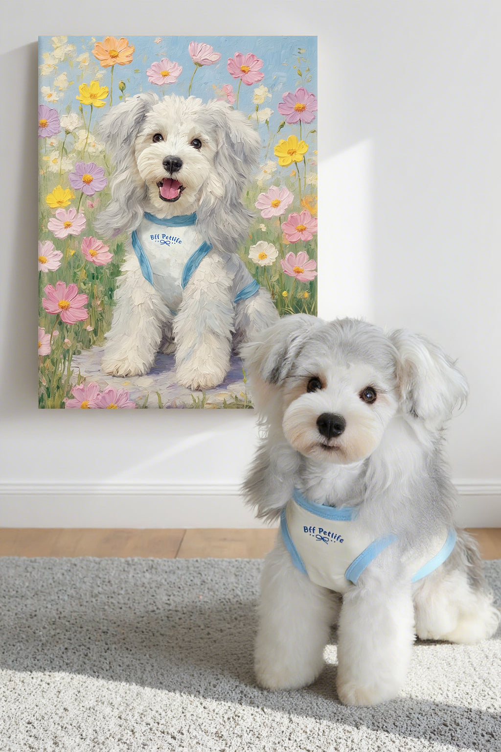 Custom white Poodle oil painting with pet outfit - dog wearing blue harness in cosmos flower field style - detailed personalized pet portrait with accessories by AusidaPet