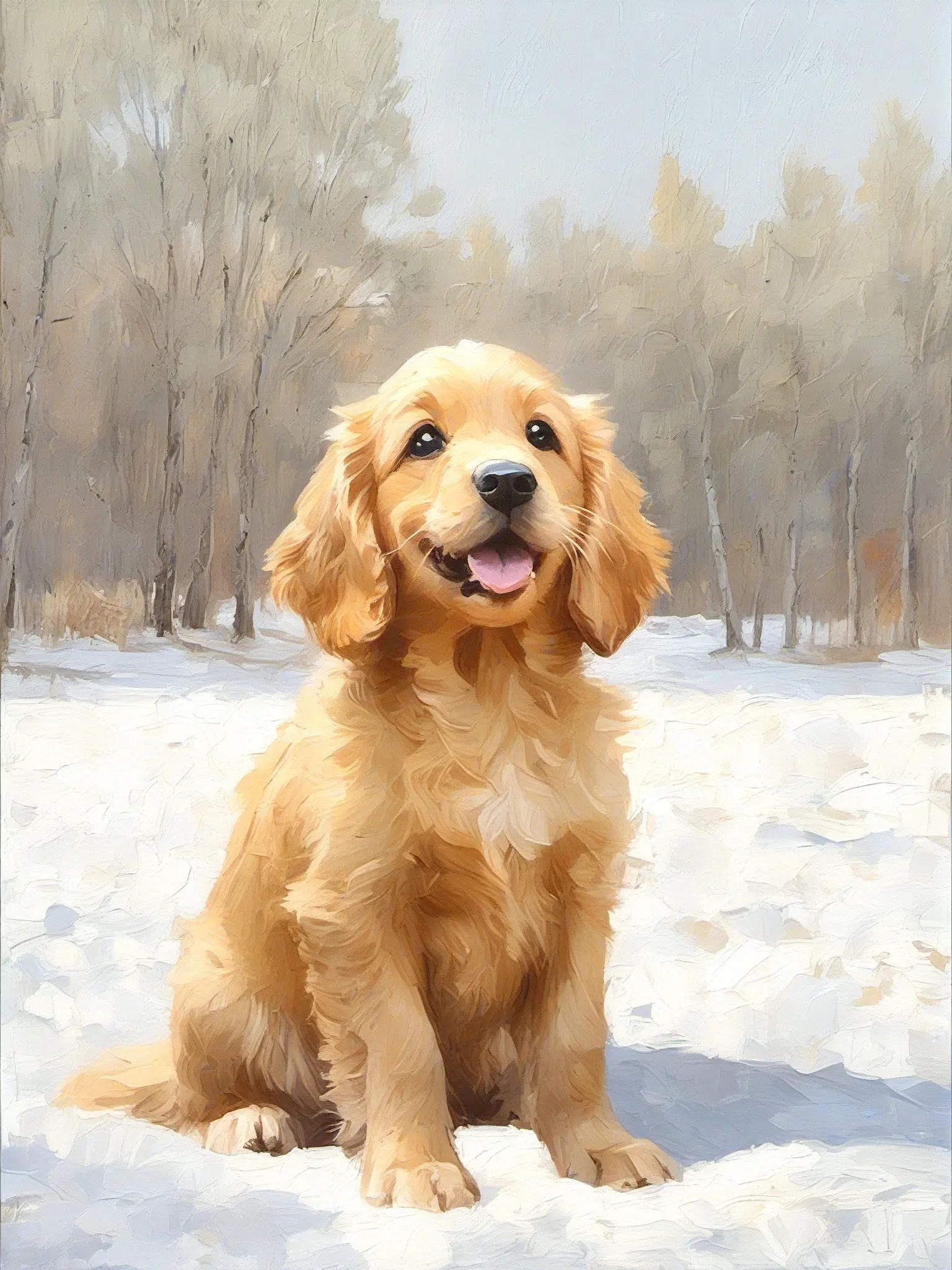 Winter snow scene style custom pet oil painting - Golden Retriever in snowy forest landscape with soft white tones - seasonal pet portrait by AusidaPet