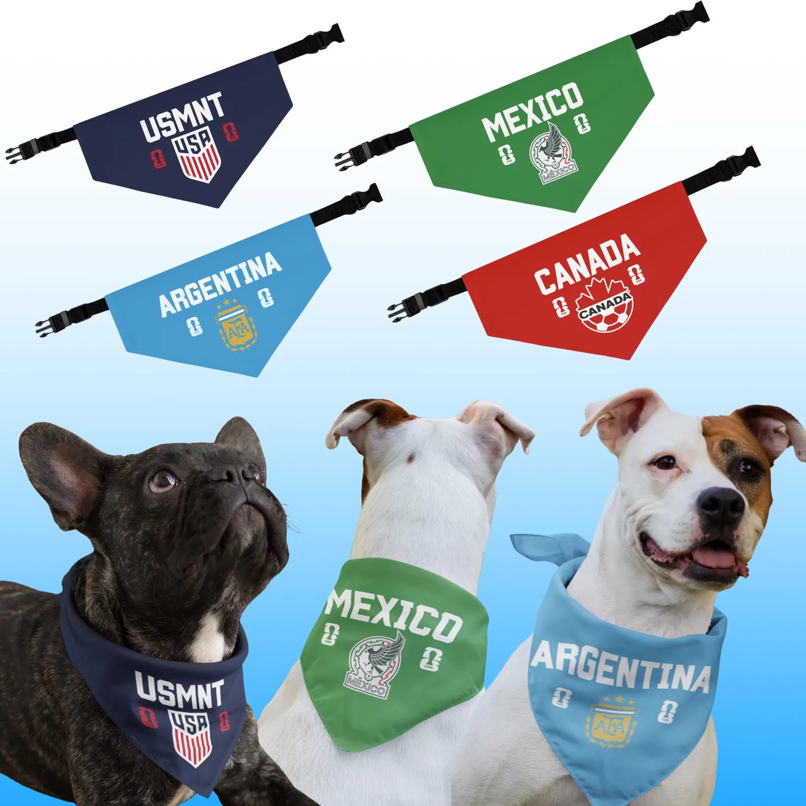 World Cup 2026 dog bandana collars in 4 country designs – USA, Mexico, Argentina, and Canada – shown flat and on dogs