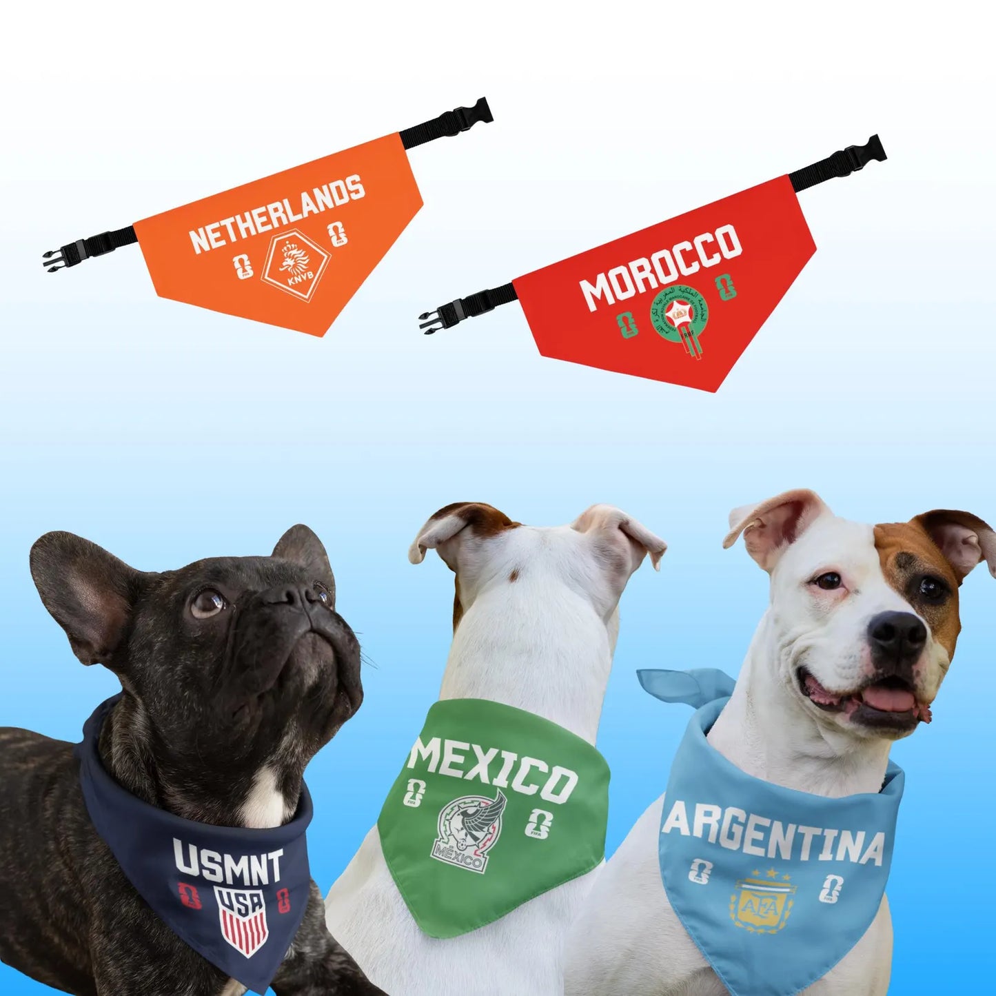 World Cup 2026 dog bandana collars showing Netherlands and Morocco designs flat, with three dogs wearing USA, Mexico, and Argentina bandanas