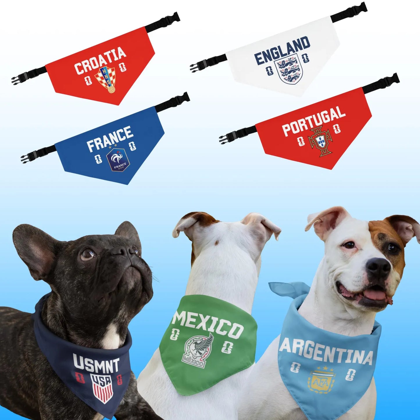 World Cup style pet bandanas for dogs featuring Croatia, England, France and Portugal team designs for game day outfits
